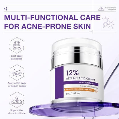 12% Azelaic Acid Cream for Face - Acne Treatment & Post-Acne Scar Fading, Regulates Sebum, Oily & Acne-Prone Skin Care, 1.69 oz