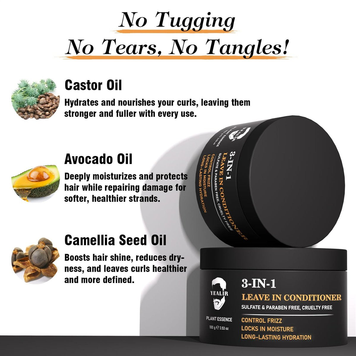 YEALIR 3-in-1 Leave-In Conditioner for Men - Instant Frizz Control, Hydrates & Nourishes Hair - Defines Curls, Adds Natural Shine & Deep Conditions Dry, Frizzy Hair with Castor & Avocado Oil, 3.53 oz - görsel 10