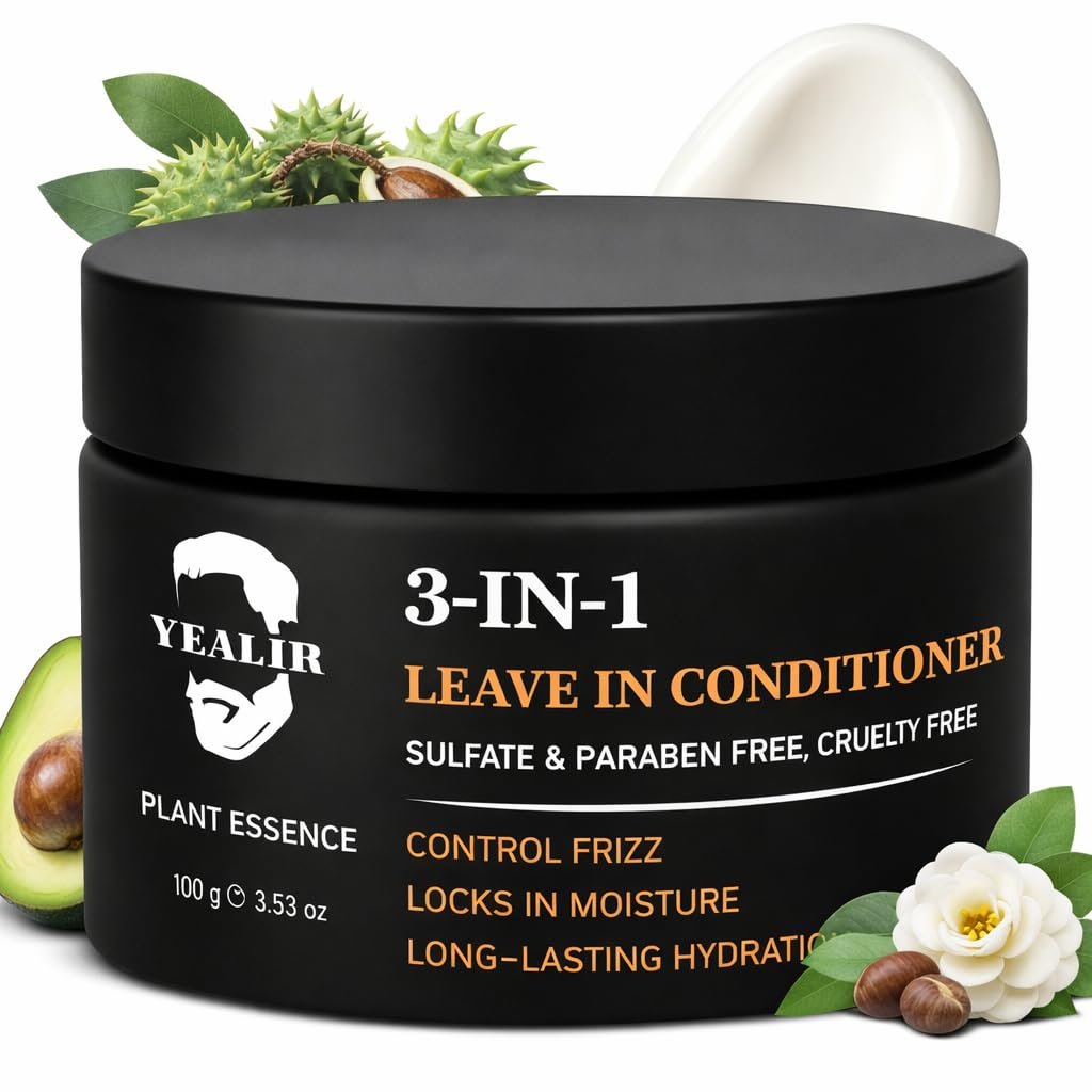YEALIR 3-in-1 Leave-In Conditioner for Men - Instant Frizz Control, Hydrates & Nourishes Hair - Defines Curls, Adds Natural Shine & Deep Conditions Dry, Frizzy Hair with Castor & Avocado Oil, 3.53 oz - görsel 2