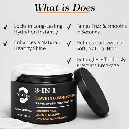 YEALIR 3-in-1 Leave-In Conditioner for Men - Instant Frizz Control, Hydrates & Nourishes Hair - Defines Curls, Adds Natural Shine & Deep Conditions Dry, Frizzy Hair with Castor & Avocado Oil, 3.53 oz