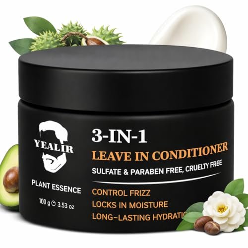 YEALIR 3-in-1 Leave-In Conditioner for Men - Instant Frizz Control, Hydrates & Nourishes Hair - Defines Curls, Adds Natural Shine & Deep Conditions Dry, Frizzy Hair with Castor & Avocado Oil, 3.53 oz - görsel 1