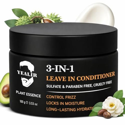 YEALIR 3-in-1 Leave-In Conditioner for Men - Instant Frizz Control, Hydrates & Nourishes Hair - Defines Curls, Adds Natural Shine & Deep Conditions Dry, Frizzy Hair with Castor & Avocado Oil, 3.53 oz