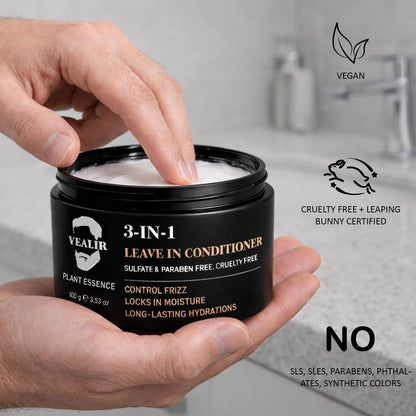 YEALIR 3-in-1 Leave-In Conditioner for Men - Instant Frizz Control, Hydrates & Nourishes Hair - Defines Curls, Adds Natural Shine & Deep Conditions Dry, Frizzy Hair with Castor & Avocado Oil, 3.53 oz
