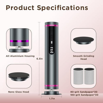Electric Foot Callus Remover with Nano-Glass Head, Cordless Electric Foot File, 2600mAh Battery, 3 Speeds, Grey Avelisse