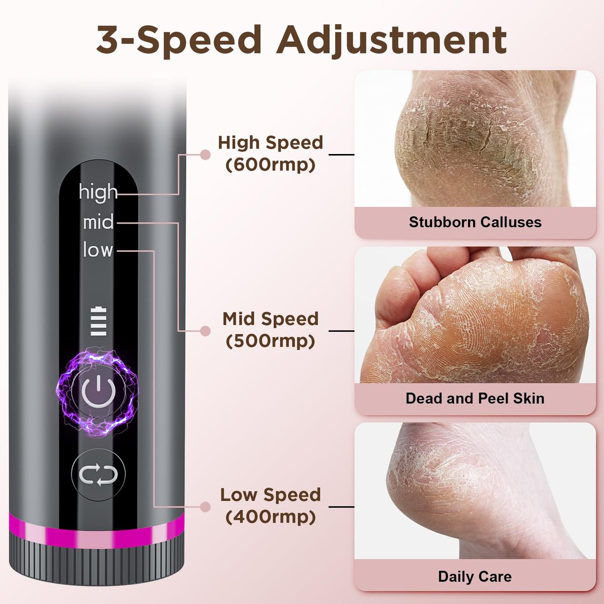 Electric Foot Callus Remover with Nano-Glass Head, Cordless Electric Foot File, 2600mAh Battery, 3 Speeds, Grey Avelisse