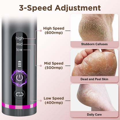 Electric Foot Callus Remover with Nano-Glass Head, Cordless Electric Foot File, 2600mAh Battery, 3 Speeds, Grey Avelisse