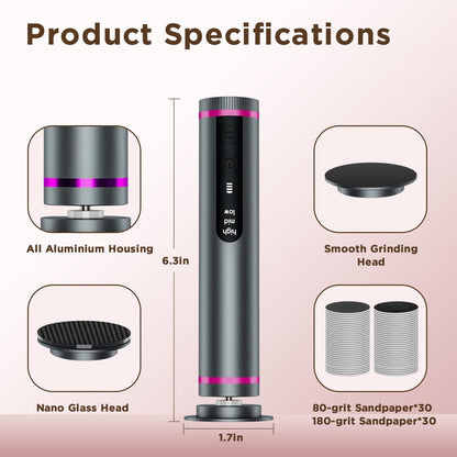 Electric Foot Callus Remover with Nano-Glass Head, Cordless Electric Foot File, 2600mAh Battery, 3 Speeds, Grey Avelisse