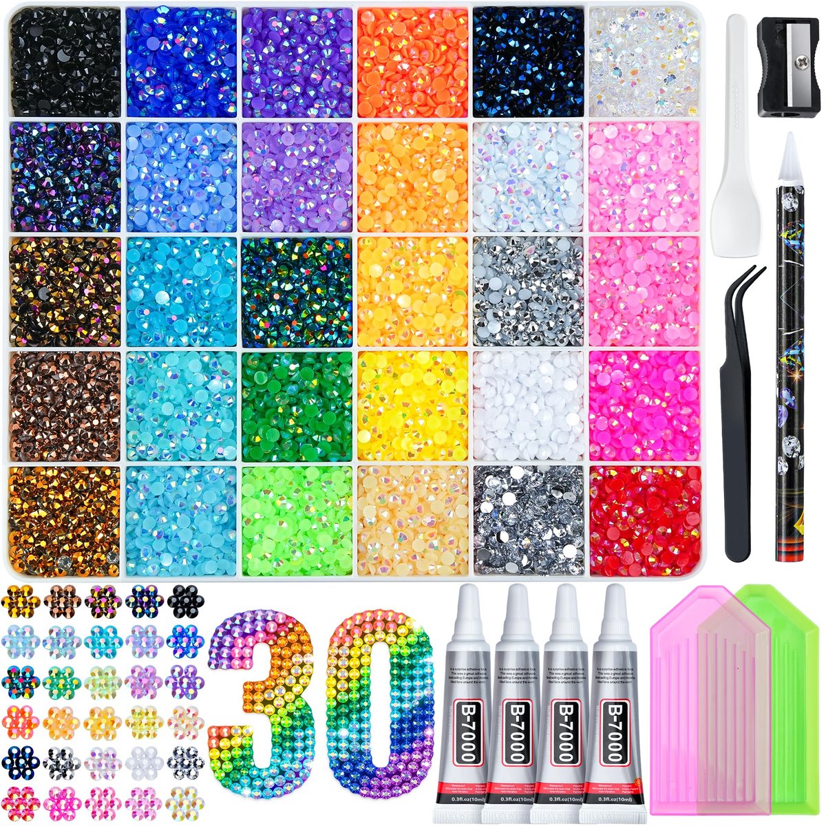 LOTWOW 40000 Pcs Resin Jelly Rhinestones Kit - 30 Colors 3mm Flatback Rhinestones with B7000 Jewelry Glue & Tools, All-in-One Bedazzling Kit for DIY Arts & Crafts Avelisse
