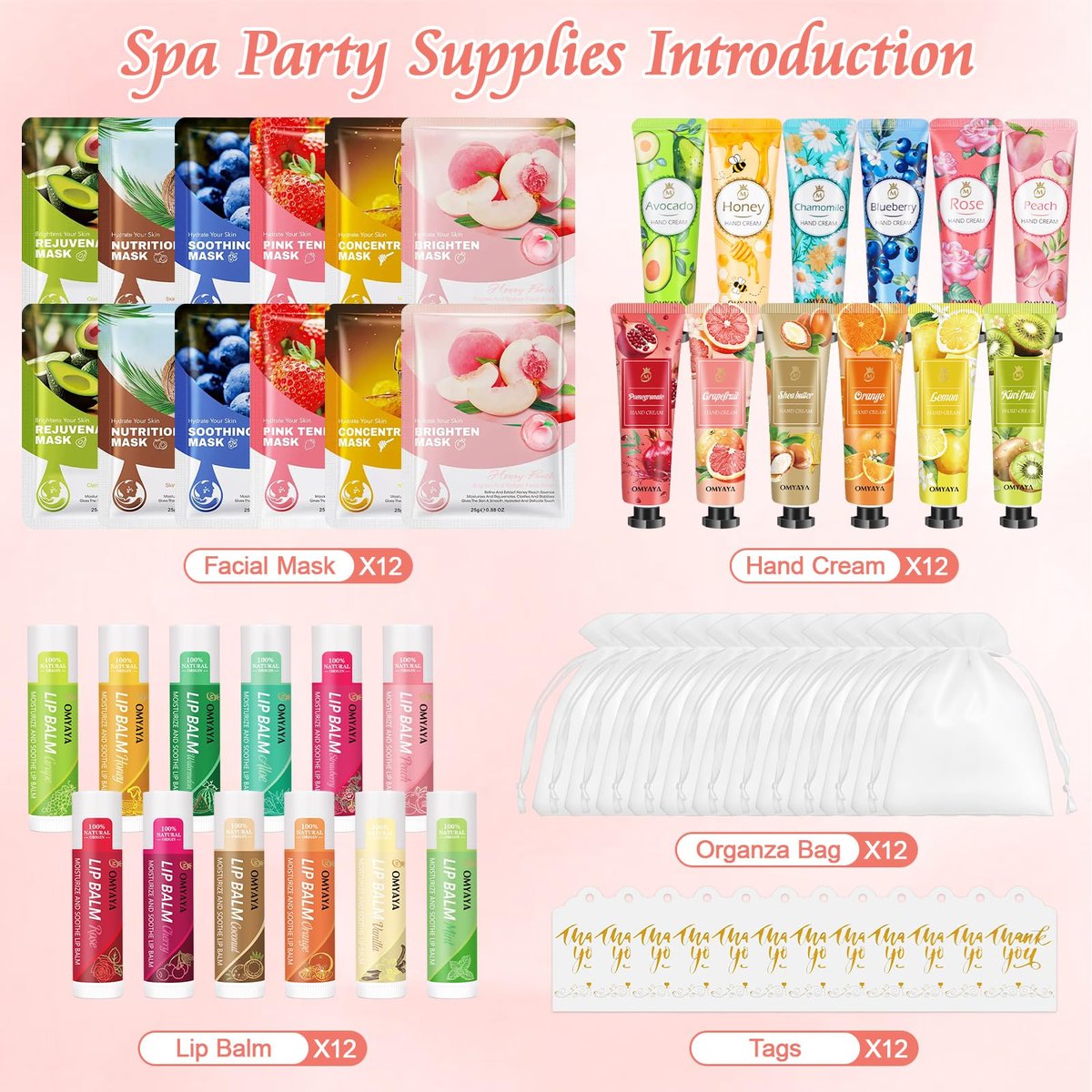 12 Sets Bulk Gifts for Women: Face Masks, Skincare, Hand Cream, Lip Balm Spa Set with Thank You Card & Organza Bag for Bridal Wedding Birthday Party Favors, Nurse Teacher Appreciation, Mother's Day Gift Avelisse
