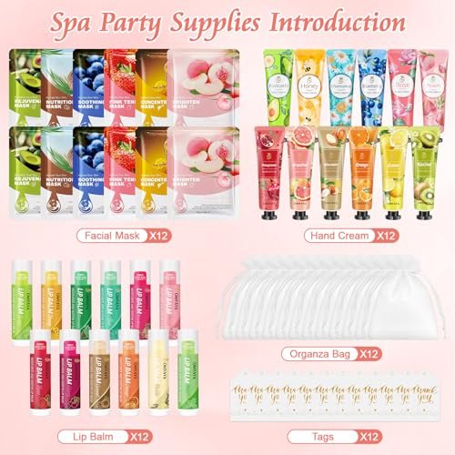 12 Sets Bulk Gifts for Women: Face Masks, Skincare, Hand Cream, Lip Balm Spa Set with Thank You Card & Organza Bag for Bridal Wedding Birthday Party Favors, Nurse Teacher Appreciation, Mother's Day Gift Avelisse