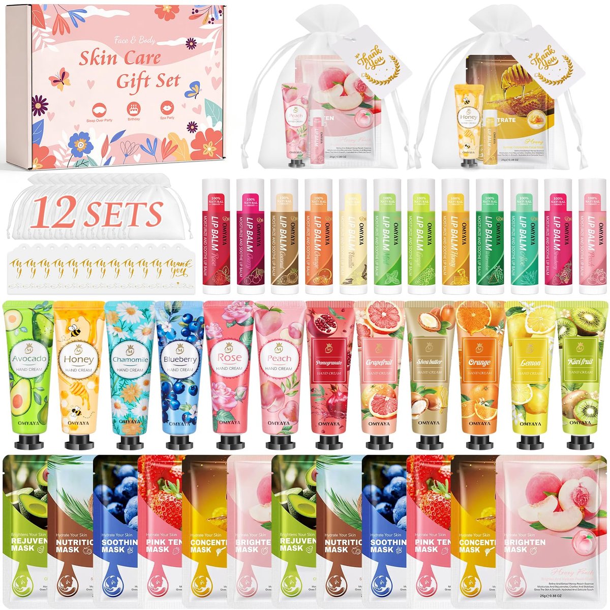 12 Sets Bulk Gifts for Women: Face Masks, Skincare, Hand Cream, Lip Balm Spa Set with Thank You Card & Organza Bag for Bridal Wedding Birthday Party Favors, Nurse Teacher Appreciation, Mother's Day Gift Avelisse