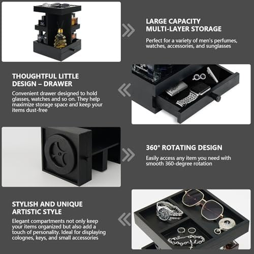 VYNOPA Rotating Cologne Organizer for Men – Black Wooden Perfume Stand with Dual Drawers, Multi-Tier Fragrance Display & Jewelry Storage for Dresser or Bathroom Avelisse