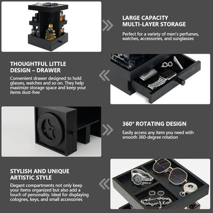 VYNOPA Rotating Cologne Organizer for Men – Black Wooden Perfume Stand with Dual Drawers, Multi-Tier Fragrance Display & Jewelry Storage for Dresser or Bathroom Avelisse