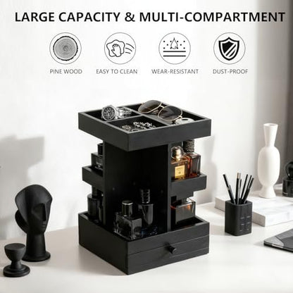 VYNOPA Rotating Cologne Organizer for Men – Black Wooden Perfume Stand with Dual Drawers, Multi-Tier Fragrance Display & Jewelry Storage for Dresser or Bathroom Avelisse