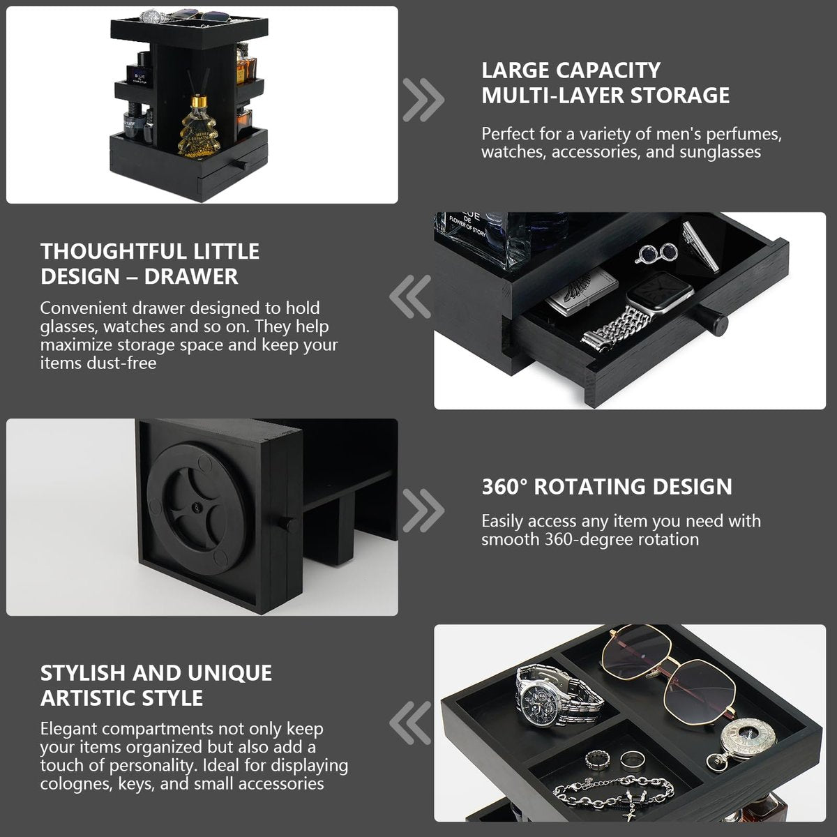 VYNOPA Rotating Cologne Organizer for Men – Black Wooden Perfume Stand with Dual Drawers, Multi-Tier Fragrance Display & Jewelry Storage for Dresser or Bathroom Avelisse