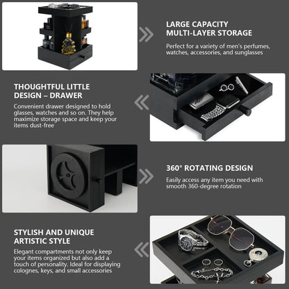 VYNOPA Rotating Cologne Organizer for Men – Black Wooden Perfume Stand with Dual Drawers, Multi-Tier Fragrance Display & Jewelry Storage for Dresser or Bathroom Avelisse