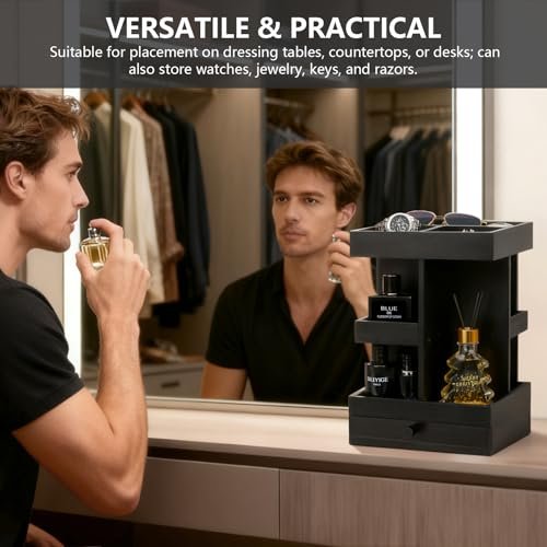 VYNOPA Rotating Cologne Organizer for Men – Black Wooden Perfume Stand with Dual Drawers, Multi-Tier Fragrance Display & Jewelry Storage for Dresser or Bathroom Avelisse