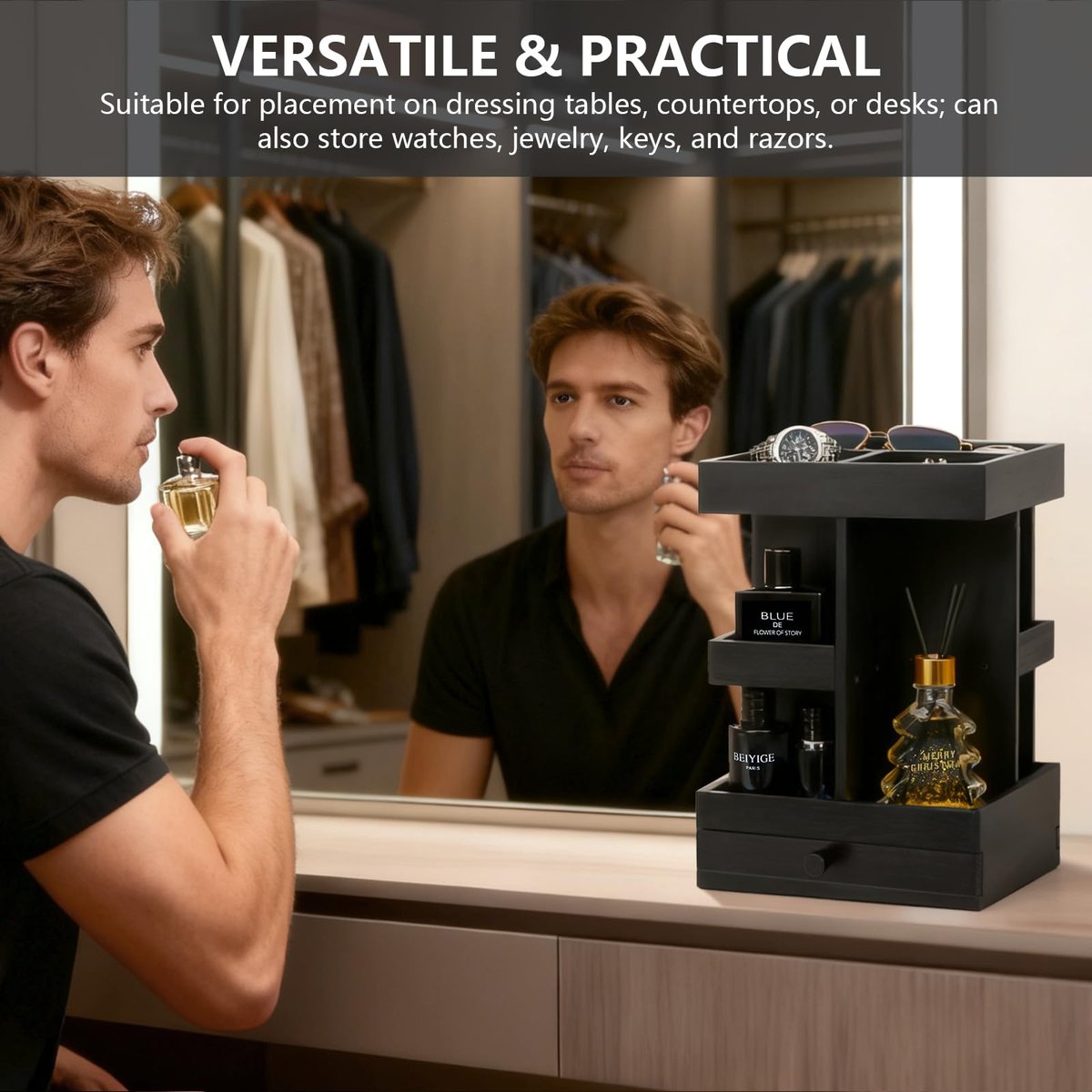 VYNOPA Rotating Cologne Organizer for Men – Black Wooden Perfume Stand with Dual Drawers, Multi-Tier Fragrance Display & Jewelry Storage for Dresser or Bathroom Avelisse