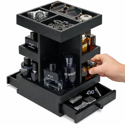 VYNOPA Rotating Cologne Organizer for Men – Black Wooden Perfume Stand with Dual Drawers, Multi-Tier Fragrance Display & Jewelry Storage for Dresser or Bathroom Avelisse