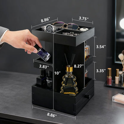 VYNOPA Rotating Cologne Organizer for Men – Black Wooden Perfume Stand with Dual Drawers, Multi-Tier Fragrance Display & Jewelry Storage for Dresser or Bathroom Avelisse