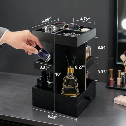 VYNOPA Rotating Cologne Organizer for Men – Black Wooden Perfume Stand with Dual Drawers, Multi-Tier Fragrance Display & Jewelry Storage for Dresser or Bathroom Avelisse