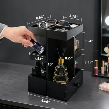 VYNOPA Rotating Cologne Organizer for Men – Black Wooden Perfume Stand with Dual Drawers, Multi-Tier Fragrance Display & Jewelry Storage for Dresser or Bathroom Avelisse