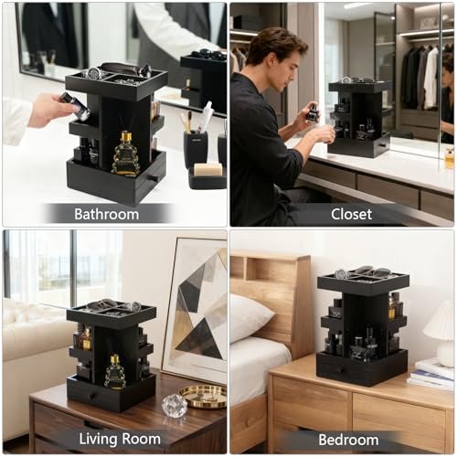 VYNOPA Rotating Cologne Organizer for Men – Black Wooden Perfume Stand with Dual Drawers, Multi-Tier Fragrance Display & Jewelry Storage for Dresser or Bathroom Avelisse