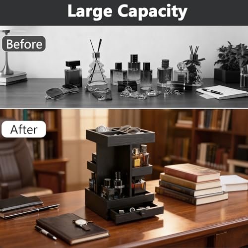 VYNOPA Rotating Cologne Organizer for Men – Black Wooden Perfume Stand with Dual Drawers, Multi-Tier Fragrance Display & Jewelry Storage for Dresser or Bathroom Avelisse