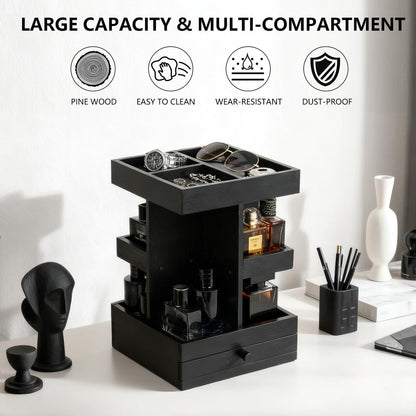 VYNOPA Rotating Cologne Organizer for Men – Black Wooden Perfume Stand with Dual Drawers, Multi-Tier Fragrance Display & Jewelry Storage for Dresser or Bathroom Avelisse