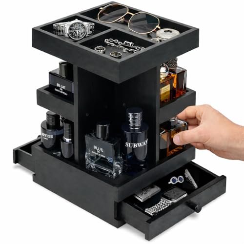 VYNOPA Rotating Cologne Organizer for Men – Black Wooden Perfume Stand with Dual Drawers, Multi-Tier Fragrance Display & Jewelry Storage for Dresser or Bathroom Avelisse