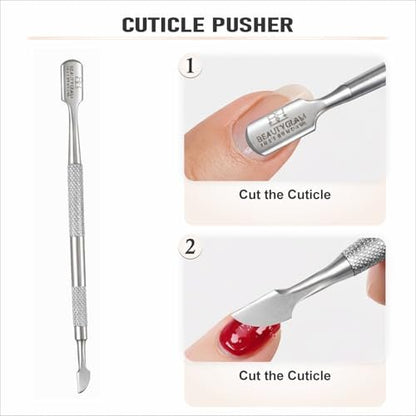 Professional Stainless Steel Cuticle Pusher - Double Ended Nail Pusher for Manicure & Pedicure with Storage Pouch