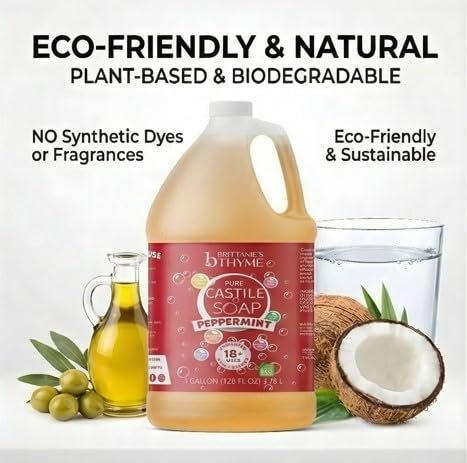 Brittanie's Pure Organic Castile Soap Refill, 1 Gallon Peppermint - Liquid Soap for Face, Body, Hands, Dishes, Pets, Laundry - Vegan, Non-GMO, Gluten-Free, Biodegradable - Made in USA Avelisse