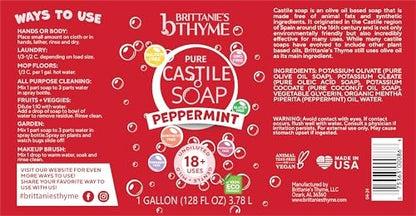 Brittanie's Pure Organic Castile Soap Refill, 1 Gallon Peppermint - Liquid Soap for Face, Body, Hands, Dishes, Pets, Laundry - Vegan, Non-GMO, Gluten-Free, Biodegradable - Made in USA Avelisse