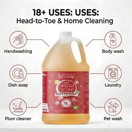 Brittanie's Pure Organic Castile Soap Refill, 1 Gallon Peppermint - Liquid Soap for Face, Body, Hands, Dishes, Pets, Laundry - Vegan, Non-GMO, Gluten-Free, Biodegradable - Made in USA Avelisse