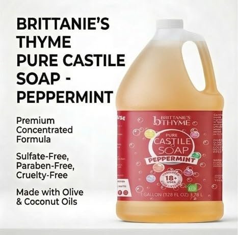 Brittanie's Pure Organic Castile Soap Refill, 1 Gallon Peppermint - Liquid Soap for Face, Body, Hands, Dishes, Pets, Laundry - Vegan, Non-GMO, Gluten-Free, Biodegradable - Made in USA Avelisse