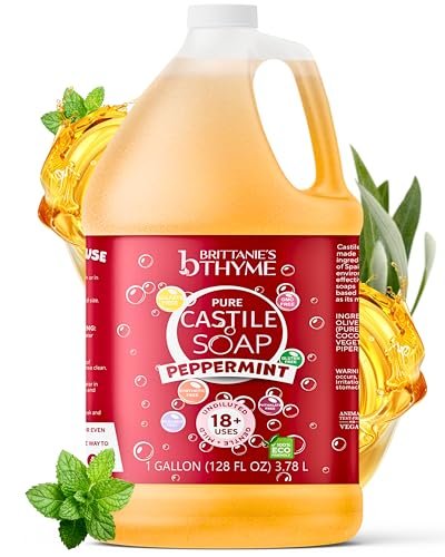 Brittanie's Pure Organic Castile Soap Refill, 1 Gallon Peppermint - Liquid Soap for Face, Body, Hands, Dishes, Pets, Laundry - Vegan, Non-GMO, Gluten-Free, Biodegradable - Made in USA Avelisse