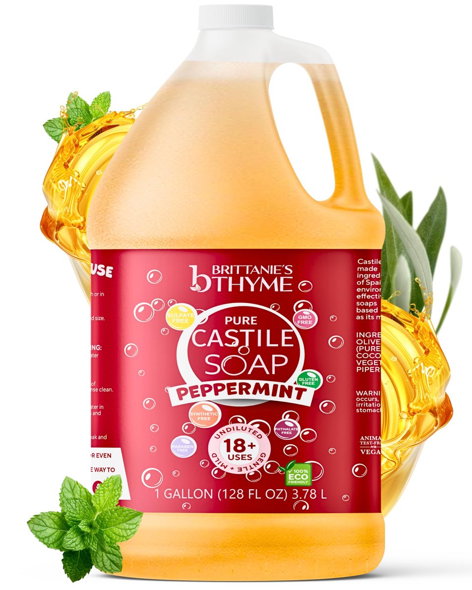 Brittanie's Pure Organic Castile Soap Refill, 1 Gallon Peppermint - Liquid Soap for Face, Body, Hands, Dishes, Pets, Laundry - Vegan, Non-GMO, Gluten-Free, Biodegradable - Made in USA Avelisse