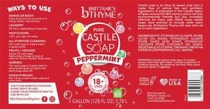 Brittanie's Pure Organic Castile Soap Refill, 1 Gallon Peppermint - Liquid Soap for Face, Body, Hands, Dishes, Pets, Laundry - Vegan, Non-GMO, Gluten-Free, Biodegradable - Made in USA Avelisse