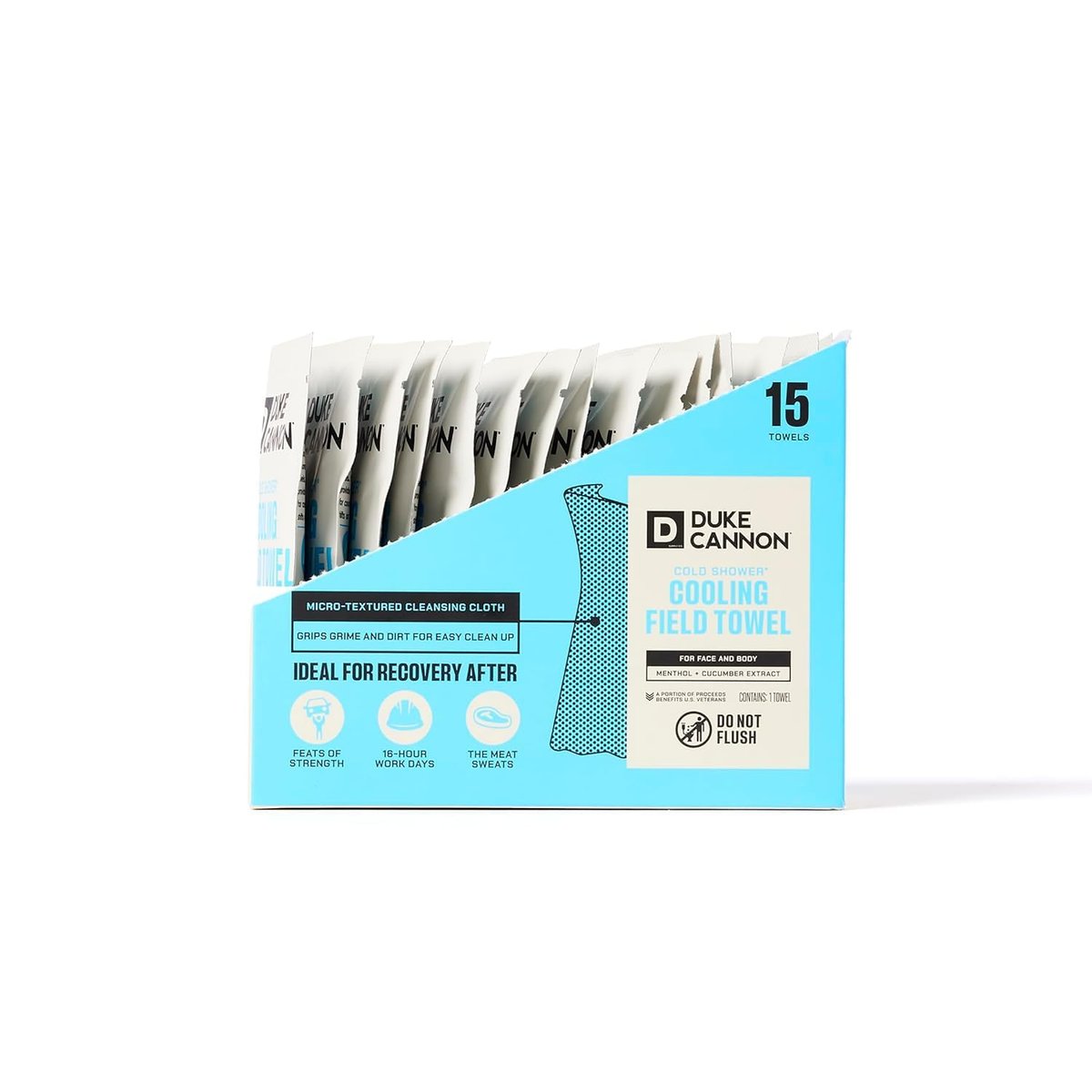 Duke Cannon Cold Shower Cooling Field Towels - 15 Individually Wrapped Towels - Instant Refresh for Face and Body with Menthol & Aloe - Travel Pack Avelisse