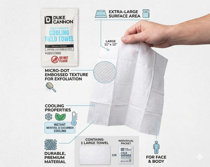 Duke Cannon Cold Shower Cooling Field Towels - 15 Individually Wrapped Towels - Instant Refresh for Face and Body with Menthol & Aloe - Travel Pack Avelisse