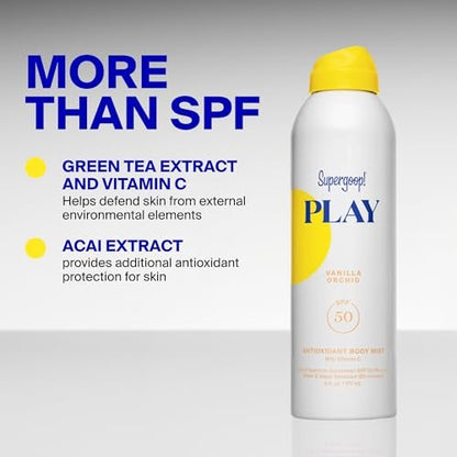 Supergoop! PLAY Antioxidant Body Mist SPF 50 PA++++ - Vitamin C Body Spray, Vanilla Orchid, 6 fl oz Avelisse