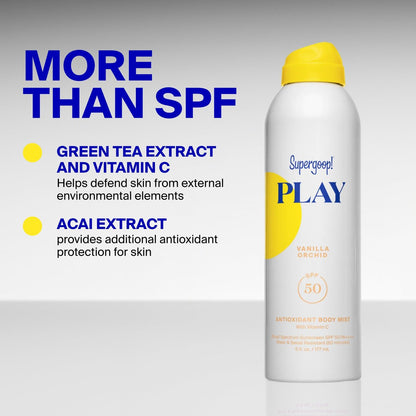 Supergoop! PLAY Antioxidant Body Mist SPF 50 PA++++ - Vitamin C Body Spray, Vanilla Orchid, 6 fl oz Avelisse