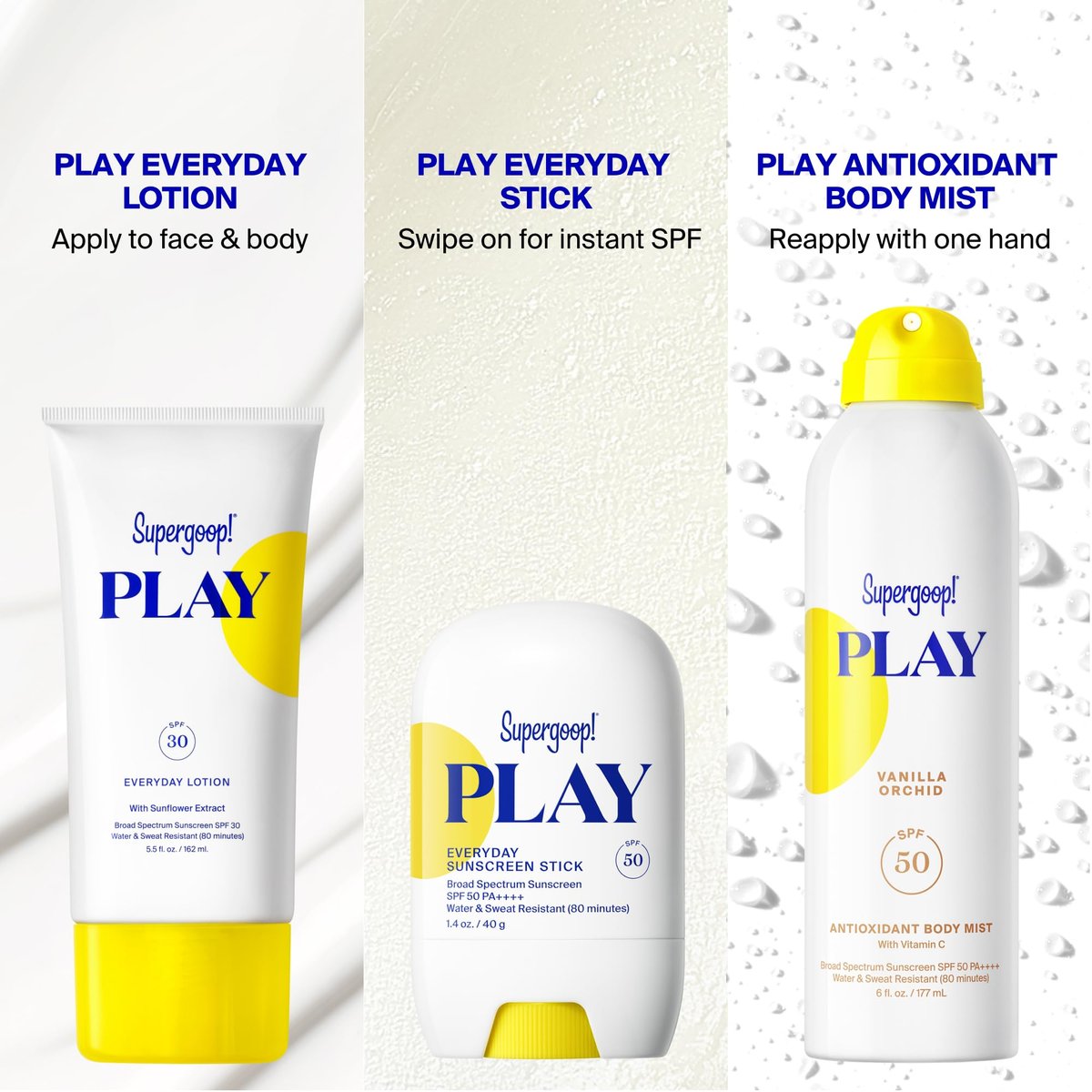 Supergoop! PLAY Antioxidant Body Mist SPF 50 PA++++ - Vitamin C Body Spray, Vanilla Orchid, 6 fl oz Avelisse