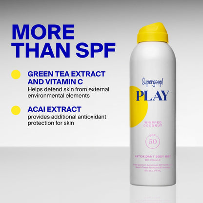 Supergoop! Play Antioxidant Body Mist SPF 50 PA++++ with Vitamin C - Broad Spectrum Sunscreen Body Spray - Whipped Coconut Scent - 6 fl oz Avelisse