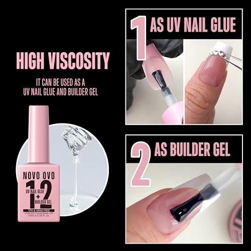 NOVO OVO UV Nail Glue and Builder Gel 2 in 1 – No Wipe Top Coat Kit for Predesigned French Tip Nail Tips, HEMA & TPO Free, Super Strong Adhesive for Press On Acrylic Nails, Long Lasting & Easy to Use Avelisse