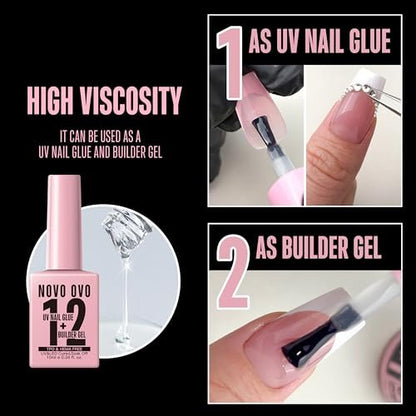 NOVO OVO UV Nail Glue and Builder Gel 2 in 1 – No Wipe Top Coat Kit for Predesigned French Tip Nail Tips, HEMA & TPO Free, Super Strong Adhesive for Press On Acrylic Nails, Long Lasting & Easy to Use Avelisse