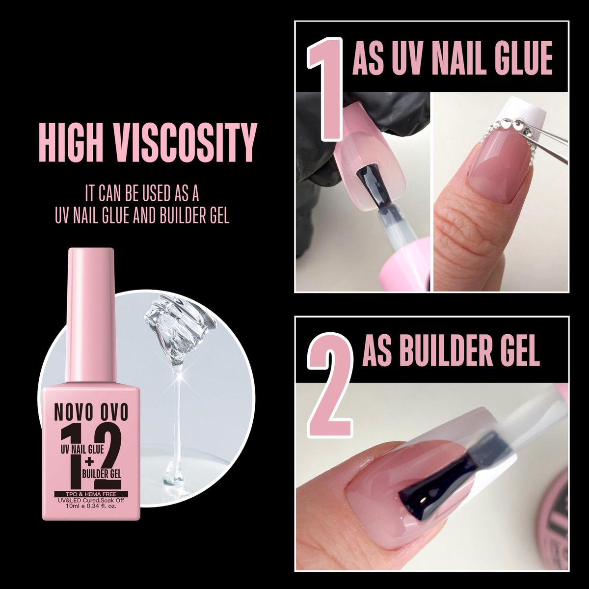 NOVO OVO UV Nail Glue and Builder Gel 2 in 1 – No Wipe Top Coat Kit for Predesigned French Tip Nail Tips, HEMA & TPO Free, Super Strong Adhesive for Press On Acrylic Nails, Long Lasting & Easy to Use Avelisse