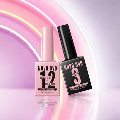 NOVO OVO UV Nail Glue and Builder Gel 2 in 1 – No Wipe Top Coat Kit for Predesigned French Tip Nail Tips, HEMA & TPO Free, Super Strong Adhesive for Press On Acrylic Nails, Long Lasting & Easy to Use Avelisse