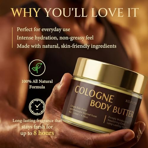 XILRVON Men's Cologne Body Butter – Shea Butter Moisturizer with Long-Lasting Masculine Scent – Fresh Woody Grooming Cream – Bergamot, Amberwood & Musk – 4.06 oz Avelisse