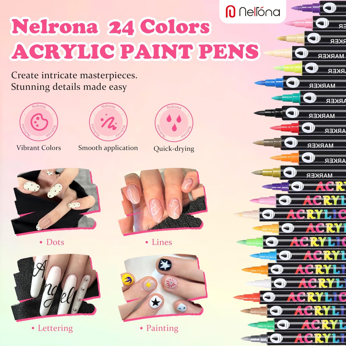 Nelrona 24 Colors Nail Art Pens Dual Tips 3D Nail Polish Pens Set - Quick-Drying Acrylic Paint Markers for Nail Design, DIY Home Salon Manicure Tools - görsel 3